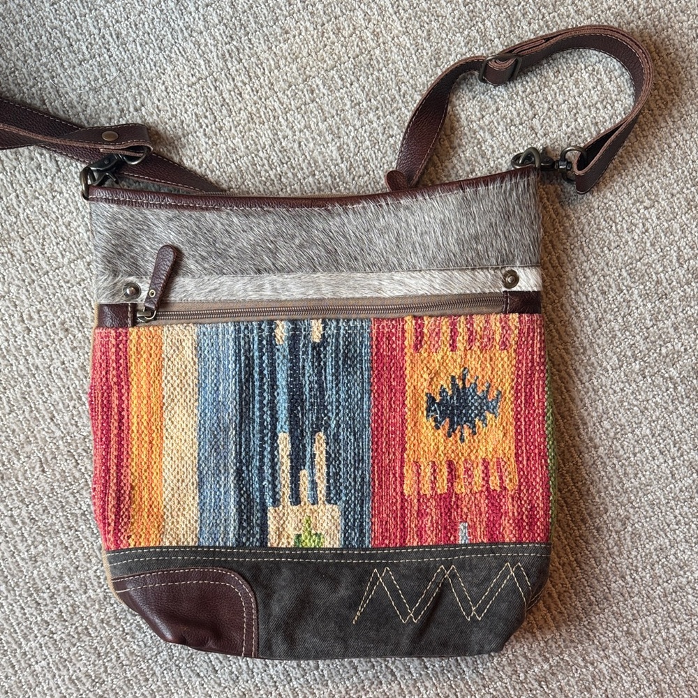 Boho Crossbody Bag with Multicolor Woven Panel and Brown Leather